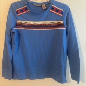 Art And Soul Blue Long Sleeve Top with Embroidered Accents